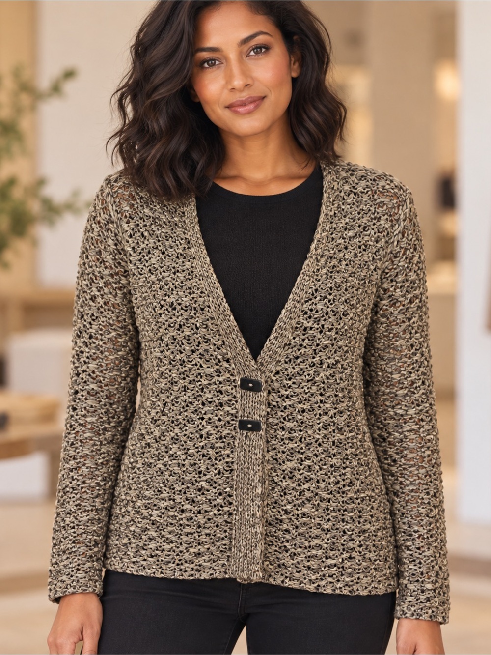 Sigrid Olsen Taupe Ribbon Open-Knit Two-Button Cardigan Sweater Size S